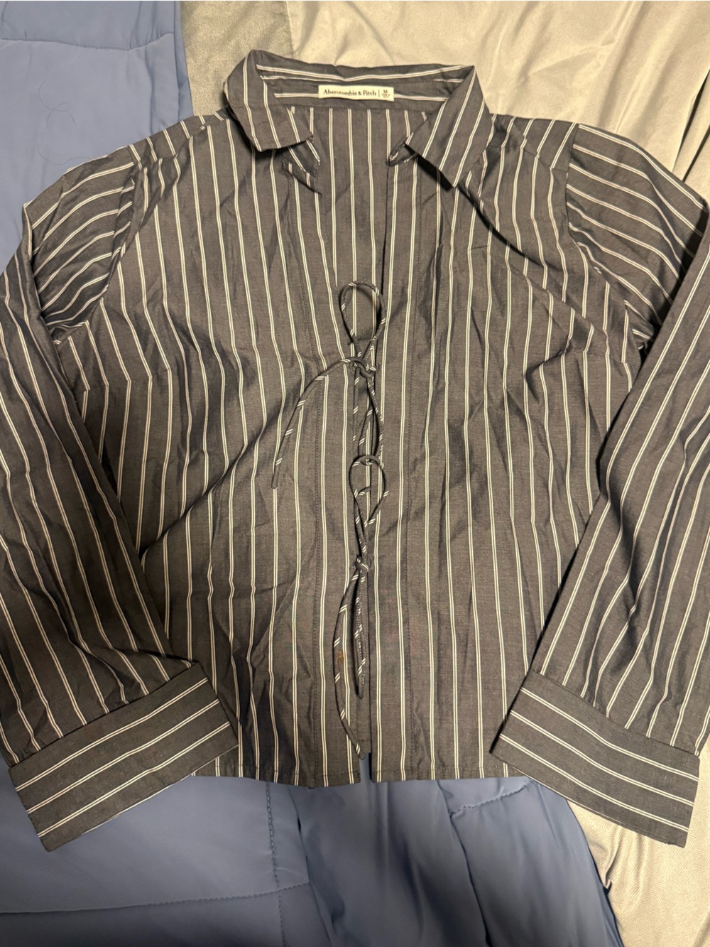 Abercrombie & Fitch Grey and White Striped Two Bow Tie-Front Shirt